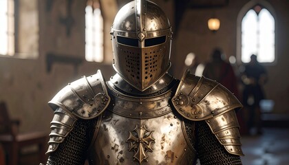 Person Wearing Full Medieval Plate Armor with Visored Helmet and Ornate Chest Emblem in Stone Interior Symbolizing Historical Reenactment Knightly Tradition and Editorial Styling for Fantasy and Herit