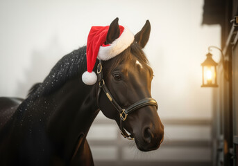 Black horse wearing a santa hat stands by a fence in a misty winter stable at sunrise with warm lantern light