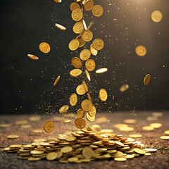 golden coins falling into the ground on dark background