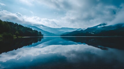 Serene mountain lake displays perfect reflection under dramatic cloudy sky