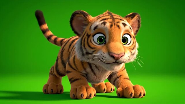 Cartoon Tiger Cub Prowling with Green Screen Background Playful Animation Fluffy Orange Stripes Jungle Feline Animated Animal Friendly Character