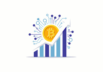 Bitcoin cryptocurrency growth chart with coin and rising graph, digital technology concept.