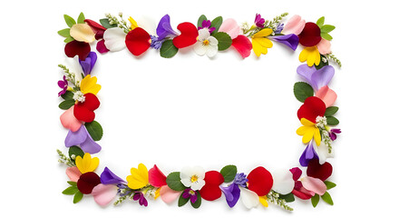 Fototapeta premium Rectangular frame made of colorful flower petals and green leaves on white background