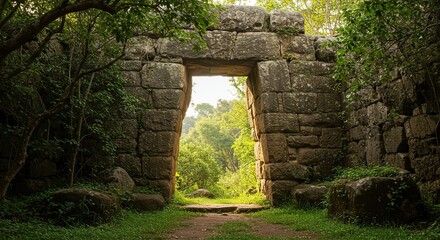 Obraz premium Mysterious gateway into an ancient underground world, framed by rugged stone and lush vegetation, suggesting hidden depths ,exploration ,geological feature ,secret