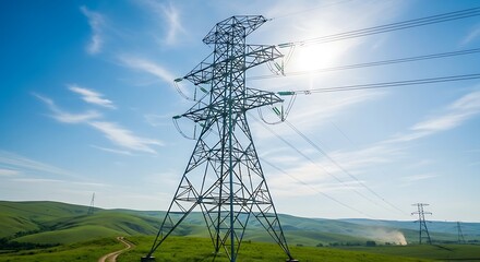 Power Lines Against a Blue Sky and Green Field.