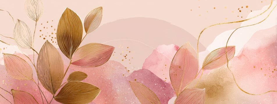 Soft watercolor leaves and gold lines with pink, brown and beige hues, creating a serene backdrop - Powered by Adobe