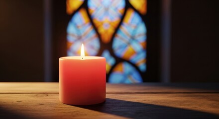 Single lit candle on wooden table in front of stained glass window