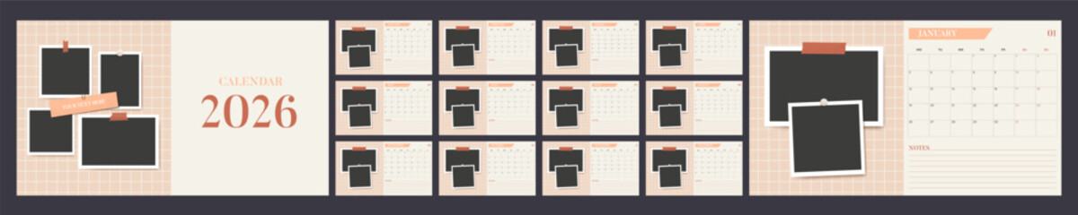  2026 monthly calendar planner template set with photo frame design week start on Monday