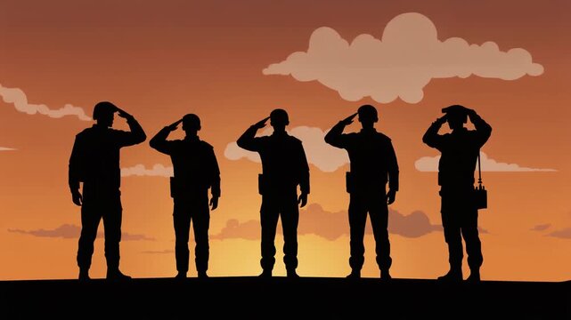 Silhouetted soldiers saluting against a sunset sky, honoring military service and sacrifice