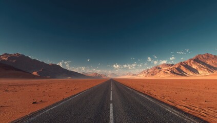 Straight desert road stretches between mountains under a blue sky