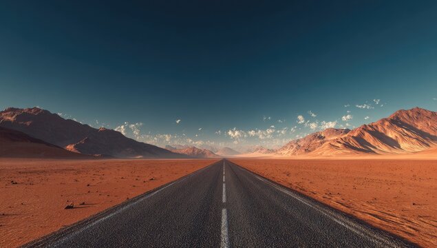 Straight desert road stretches between mountains under a blue sky