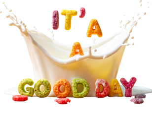 Colorful Alphabet Cereal Spelling “It’s a Good Day” in White Milk Bowl, Bright Morning Light, Isolated on Transparent Background PNG