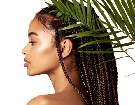 Side Profile of Woman with Braided Hair and Palm Leaf Crown, Summer Glow Aesthetic, Isolated on Transparent Background PNG