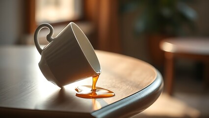 garroted. A tilted teacup on a table edge, tea nearly spilling in the morning light. bar promotions, beverage menus, designed for product packaging and bar promotions, enhances appetite appeal.