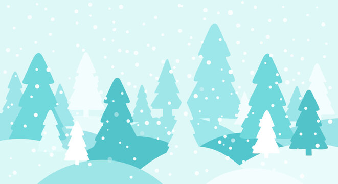 A stylized animated winter landscape with falling snow over a serene forest of evergreen trees.