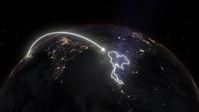 Realistic 3D Earth Night Flight Path Arc from Abu Dhabi United Arab Emirates to Bangkok Thailand