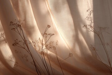 Sunlight streams through draped sheer fabric with dried flowers, creating shadows