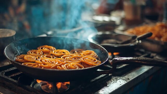 Delicious jalebi frying in a pan on a gas stove, 4k video