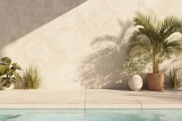 Sunny poolside plants and wall. Natural light and outdoor living space