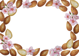 Almond blossom frame. White background. For your design