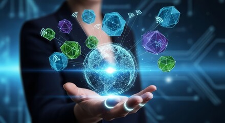Businesswoman holding a glowing digital globe with abstract network structures representing global technology, innovation, and futuristic connectivity
