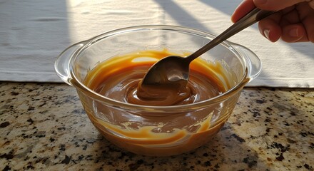 Bowl of dulce de leche gently stirred with a silver spoon, bathed in soft morning sunlight.