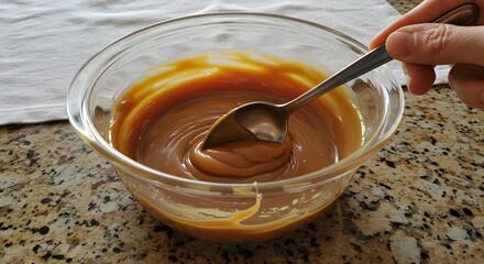 Creamy dulce de leche being mixed with a silver spoon on granite, glowing in warm daylight.