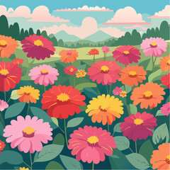 Beautiful zinnia flowers growing in an outdoor rural garden - 2D vector background scene