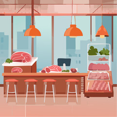 Interior of a butcher shop - 2D vector in cartoon animation style