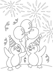 Coloring page for toddlers. Penguins celebrating New Year, birthday, occasion. Happy celebrating with balloons and fireworks.
