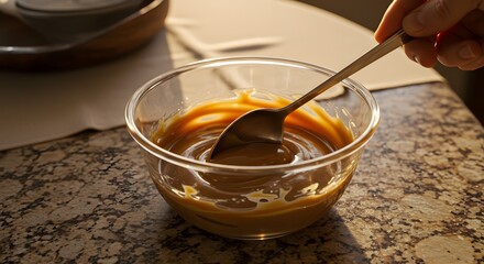 Dulce de leche in motion — spoon stirring slowly on granite with cozy morning tones.