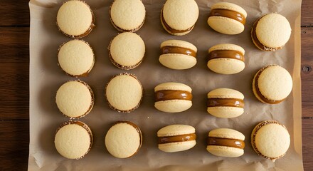 Artisan alfajores with creamy dulce de leche filling, styled on parchment for a cozy feel.