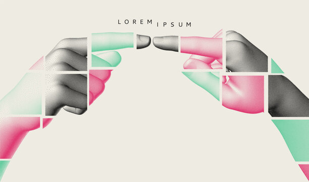 The index fingers of both hands reach towards each other. Concept of relationship, unity, partnership or contact. The hands are composed of displaced mosaic fragments. Vector for design.