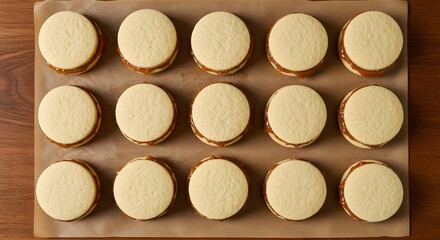 Dulce de leche alfajores displayed beautifully on parchment with a handcrafted aesthetic.