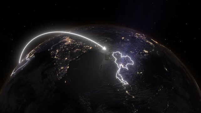 Realistic 3D Earth Night Flight Path Arc from Riyadh Saudi Arabia to Bangkok Thailand