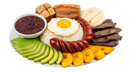 Traditional Colombian Bandeja Paisa dish with various ingredients.