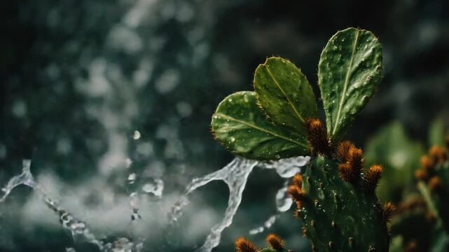 Close-up of a prickly pear cactus with water splashing
