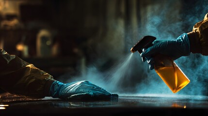 Person wearing protective gloves applies disinfectant spray onto a dark surface
