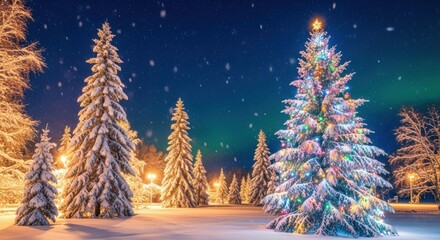 Decorated christmas trees in snowy forest under northern lights