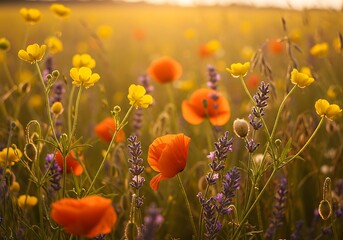 Obraz premium Vibrant Field of Wildflowers - Poppies, Buttercups, and Lavender.