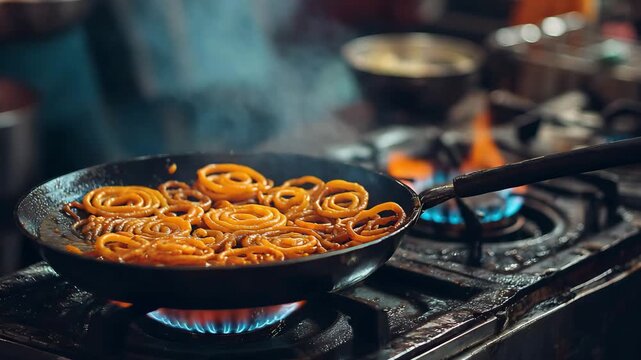 Delicious jalebi frying in a pan on a gas stove, 4k video
