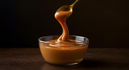 Elegant Food Shot with Floating Golden Spoon and Dulce de Leche