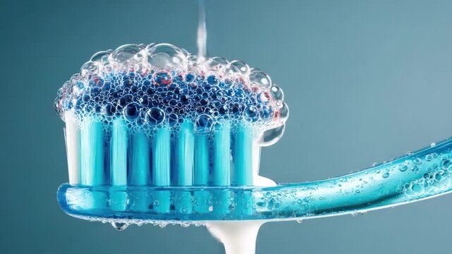 Close-up of a teal-colored toothbrush, covered in sudsy bubbles