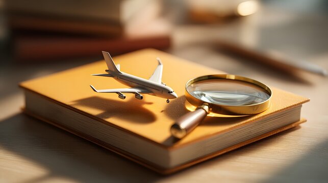 Miniature airplane and magnifying glass rest upon a closed, warm-toned book on a wooden surface - Powered by Adobe