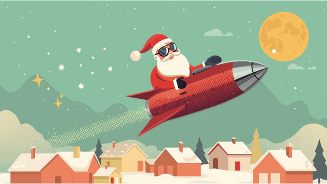 Santa claus flying in a rocket over a snowy village