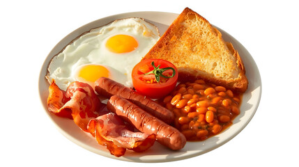 A classic full English breakfast on a white plate.