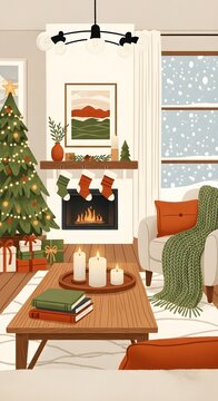 Cozy christmas interior illustration with festive decorations and fireplace