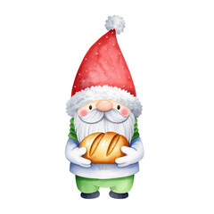 Fototapeta premium Cheerful gnome holding a pie, whimsical garden character with glasses and a red hat, perfect for holiday greeting themes. Isolated on white background or PNG