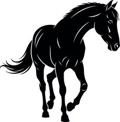 Elegant black horse silhouette in motion against a white background
