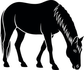 Black silhouette of a horse grazing in a field on a white background